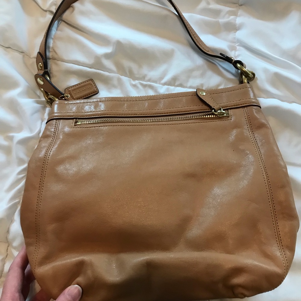 Coach handbag, lightly used, now eat or tear. Light brown with gold accents. - Picture 2 of 5